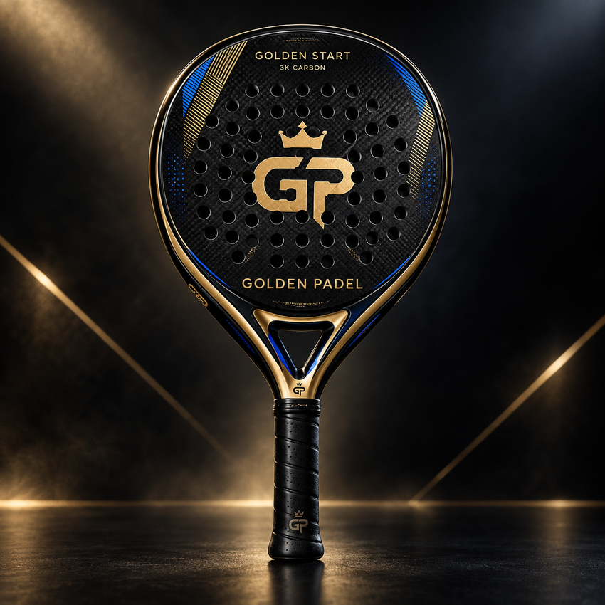 Golden Start raquette de padel carbone 3K noire or et bleu - vue de face