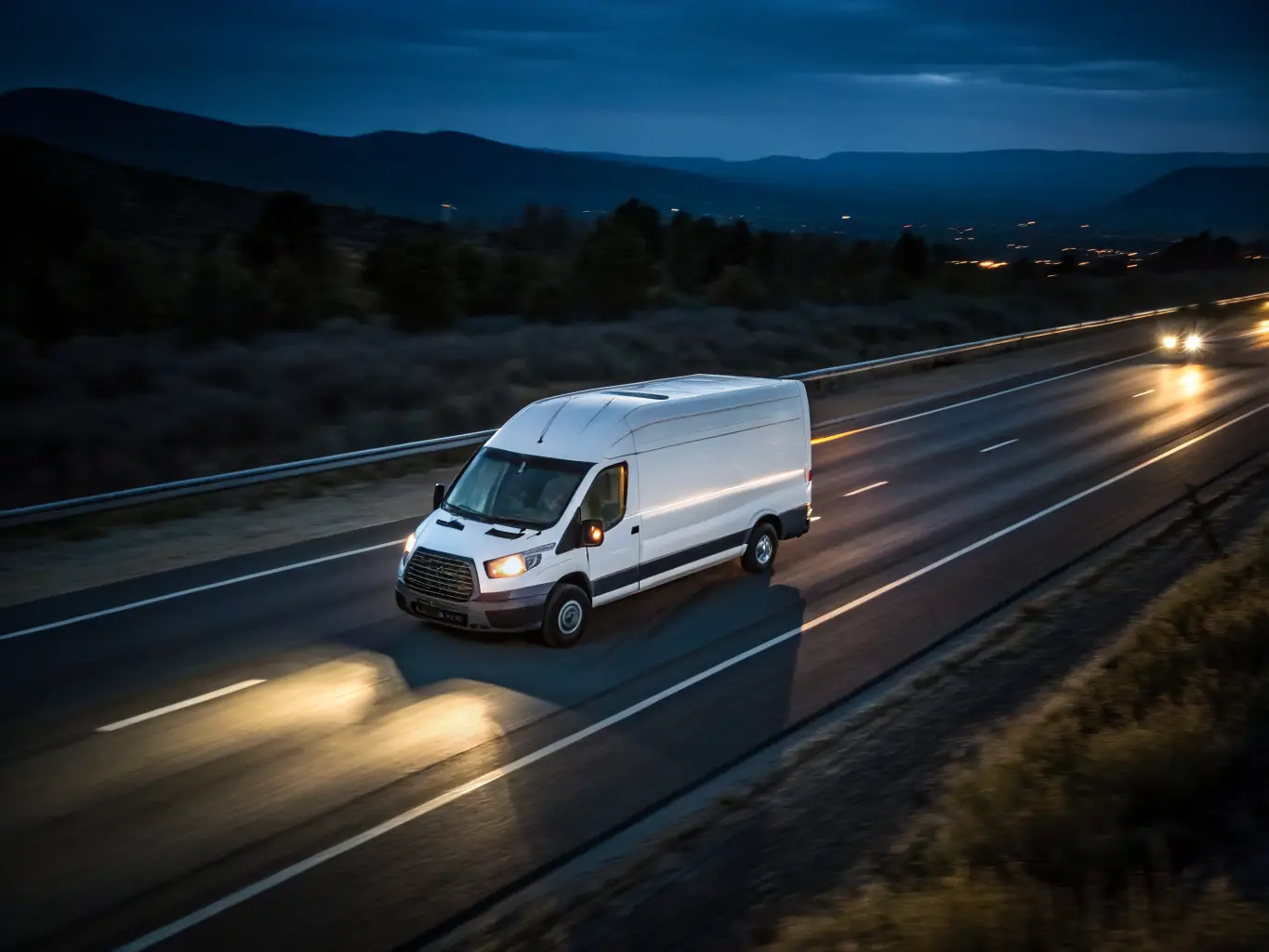 A close-up shot of a delivery van speeding down a city street, symbolizing fast and reliable delivery service for PadelPrestige customers.